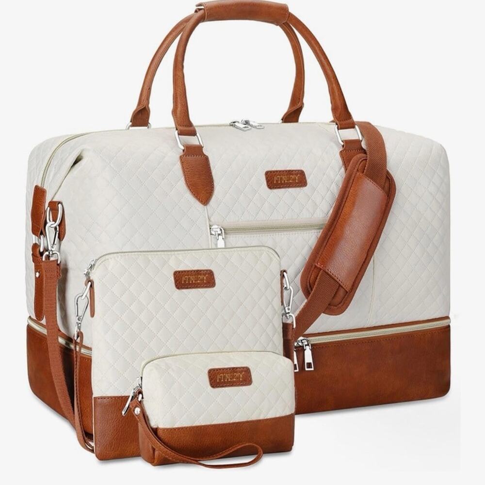 NWOT Weekender Bag Women Travel Duffel Bag Carry On 3 piece set Beige & Brown